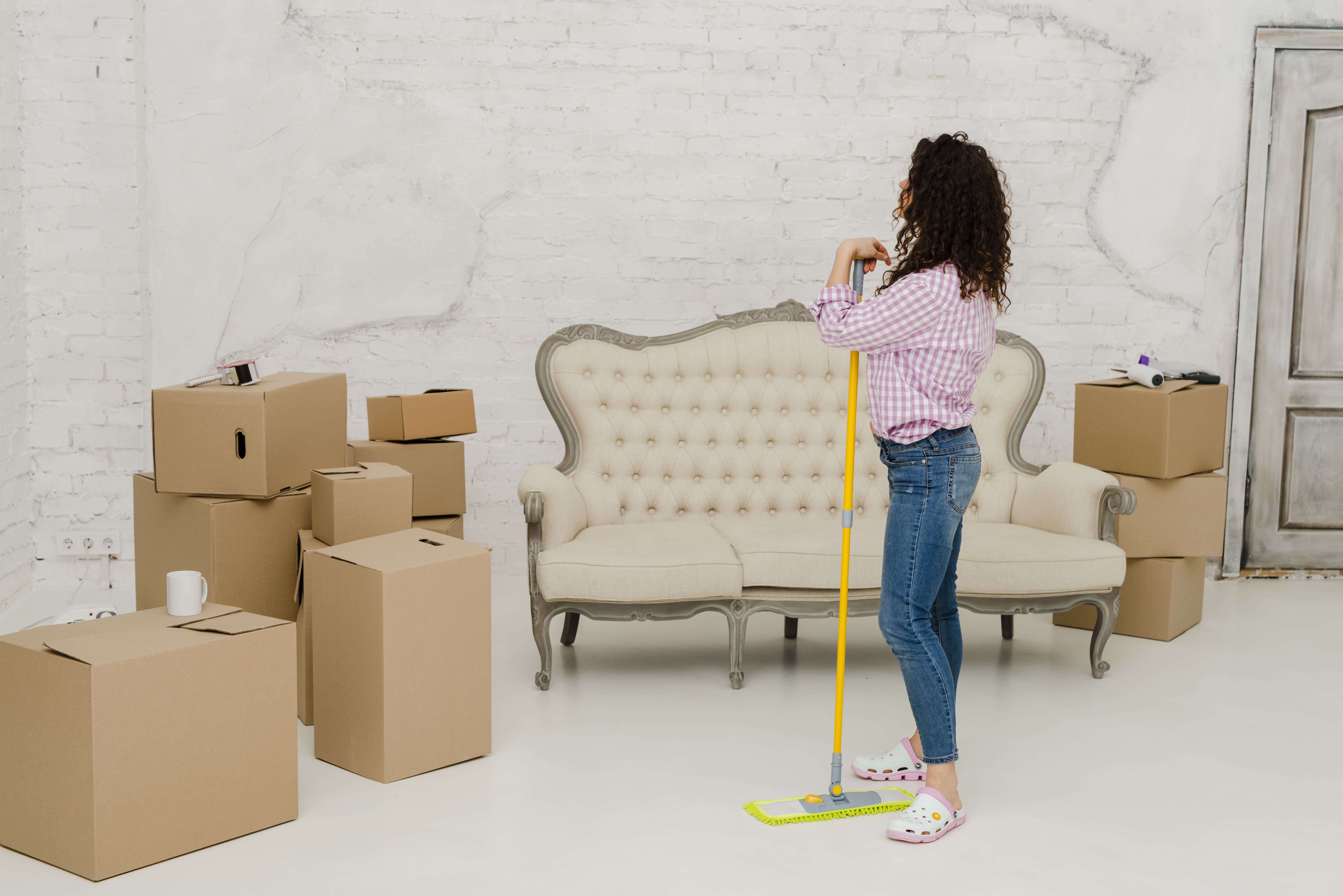 side view woman with mop
